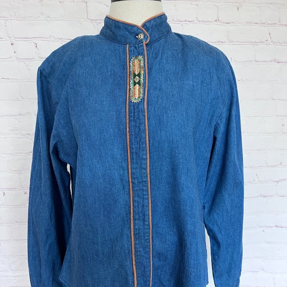90's Roughrider Chambray/Denim Shirt with Embroidery and Suede - Size Medium - Picture 1 of 10